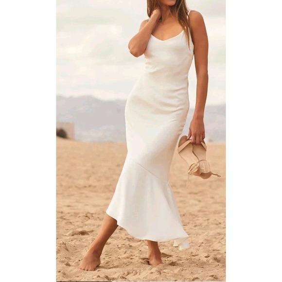 Lulus Women Strictly Romance Satin Asymmetrical Tiered Midi Dress White  L - Picture 9 of 10